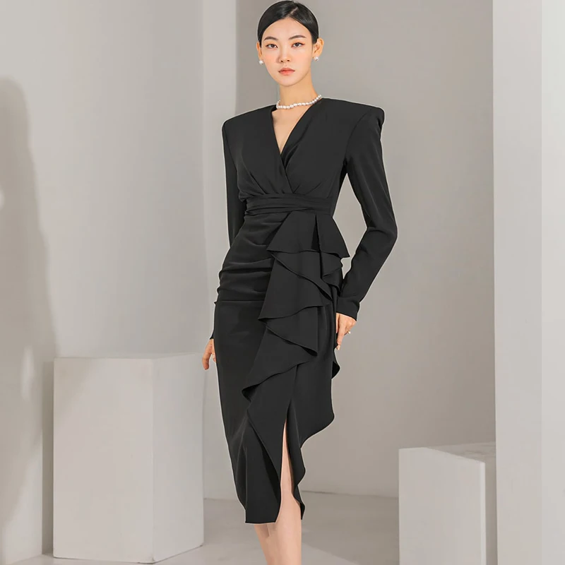 New Autumn Winter New Korean Fashion Elegant Slim Sexy Ruffled Hem Slit Dress V Neck Long Sleeve Party Dresses for Women 2023