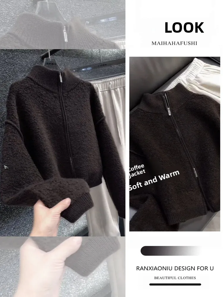 

Women's Thiened Spring Set Vintage High-End Feel Double Zipper Stand Collar Sweater Coat Trendy Casual Sle for Autumn Winter