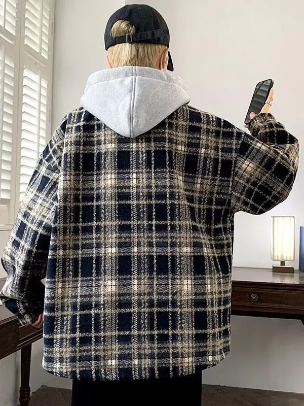 

Мужская винтажная куртка-худи в клетку в американском стиле для молодежи, повседневная, на весну-осень, зимняя верхняя одежда