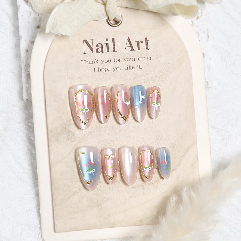 

10pcs Flower Butterfly Manicure Cat Eye Woman False Nails Press On Nails Short Almond Korean Pink Blue Colour Fake Nails