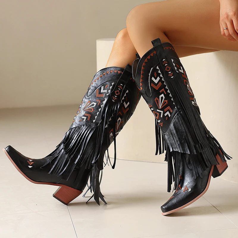 Ethnic Style Embroidery Sewing Tassel High Knee Western Cowboy Boots Women Square Toe Chunky Heels Fringe Cowgirl Boots 46 47 48