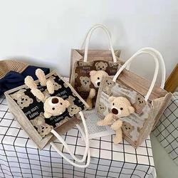 Cute Bear Pendant Handbag for Xmas Casual Linen Canvas Gift Bag Fashion Shopping Bag Women Ladies Girl Handbag