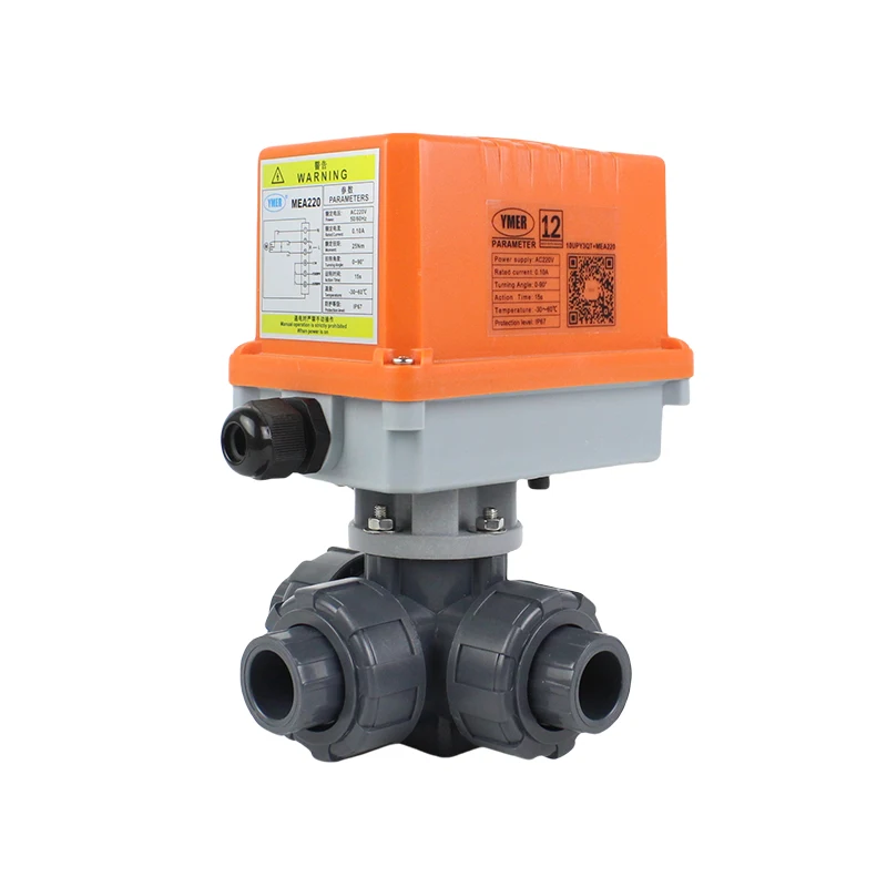 Vanne à boisseau sphérique électrique UPVC à trois voies, raccord Union, vannes à boisseau sphérique en plastique, vannes de régulation motorisées 10UPY3LQ+MED24S pour l'irrigation
