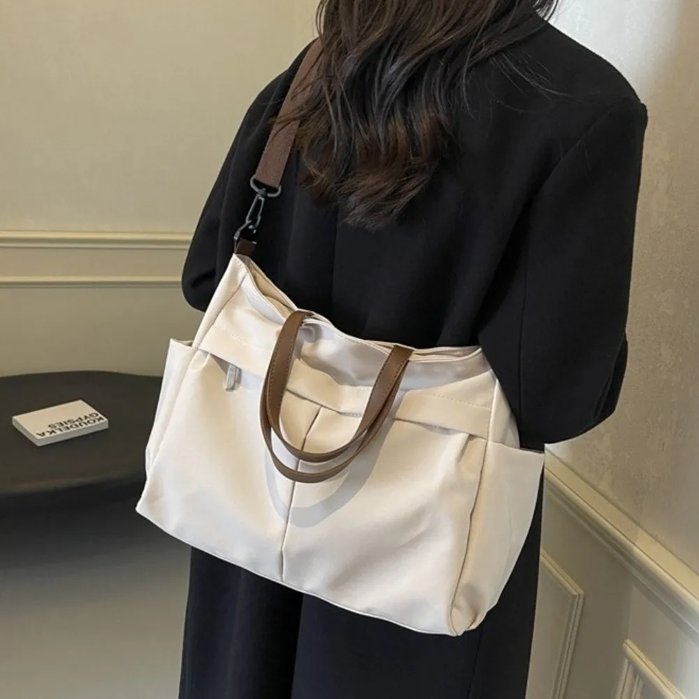 

Gift Stylish Women Shoulder Tote Bag Two Pockets Nylon Commuting Handbag Durable Solid Color Large Capacity Handbag College