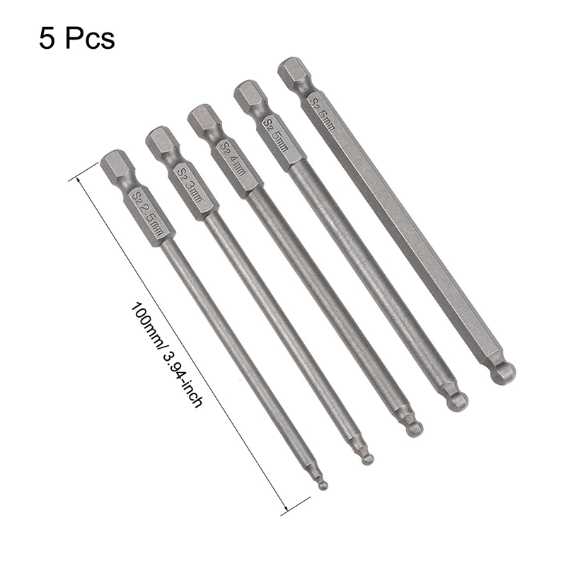 5 pces 100mm comprimento bola final hex chave de fenda bits conjunto 1/4 Polegada hex haste magnética 2.5-6mm cabeça parafuso driver bit ferramenta de mão elétrica