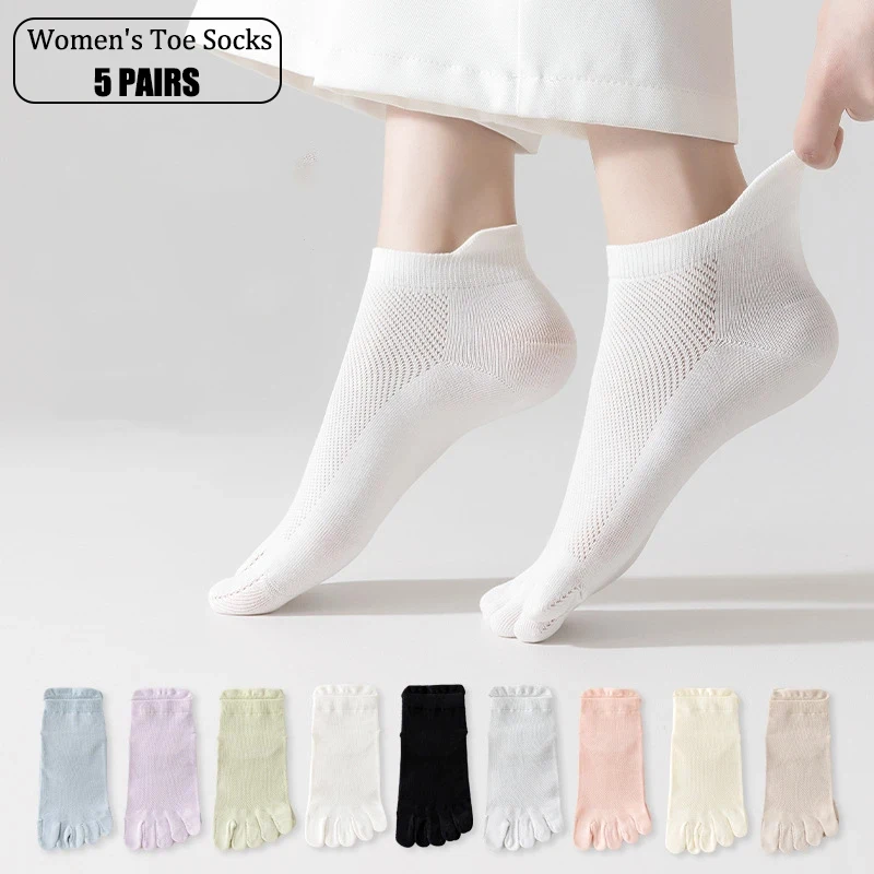 5 Paar Sommer-Damen-Fünf-Finger-Socken, 5 Paar Bonbonfarbene Weiche Baumwoll-Atmungsaktive Netz-Zehensocken für Mädchen, Outdoor-Sportsocken