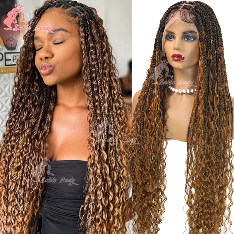 

36" Full Lace Boho Braided Wigs Synthetic Blonde Knotless Box Braids Wigs for Black Women Curly Godness Cornrow Braiding Wig