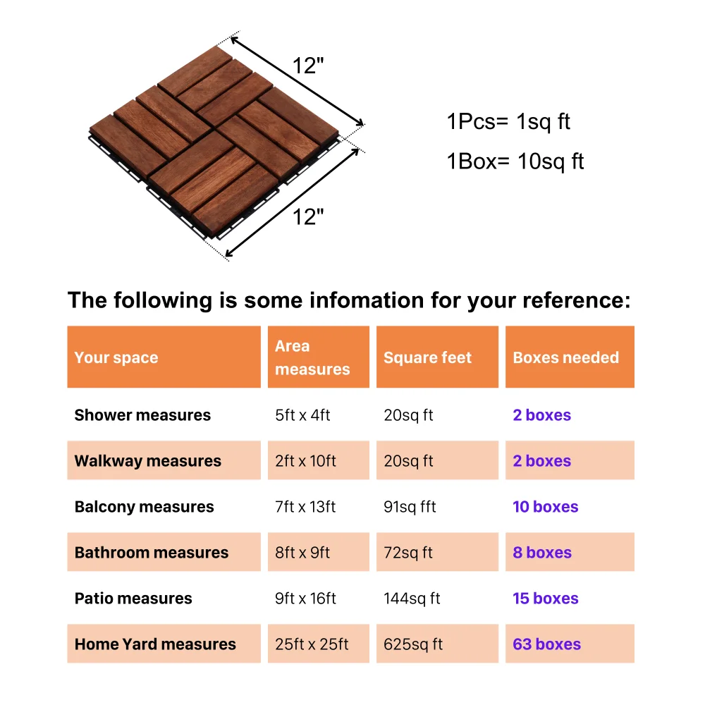 Carrelage de terrasse à emboîtement en bois d'acacia, plancher extérieur en bois dur carré marron, terrasse, côté piscine, 10 pièces, 12 po x 12 po