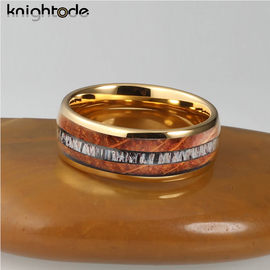 8mm Antler Tungsten Carbide Rings for Men Women Wedding Band Whisky Barrel Oak Wood Inlay Fashion Jewelry Dome Comfort Fit