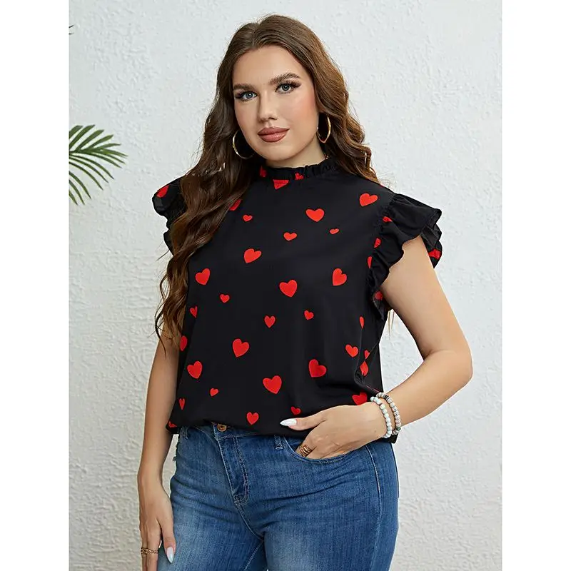 Summer Casual Tops plus Size Heart Print Women irt round Ne ort Sve Floral Print Maxi Dr Other Material 00%