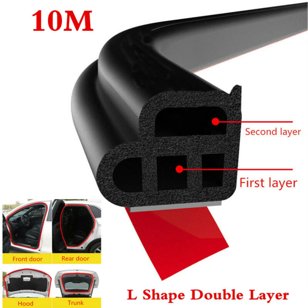 1x Upgraded 10M Double Layer Sealing Strip Car Door Trunk Weather Strip Edge Moulding Black EPDM Rubber L-Shaped Seal 14 X 12mm