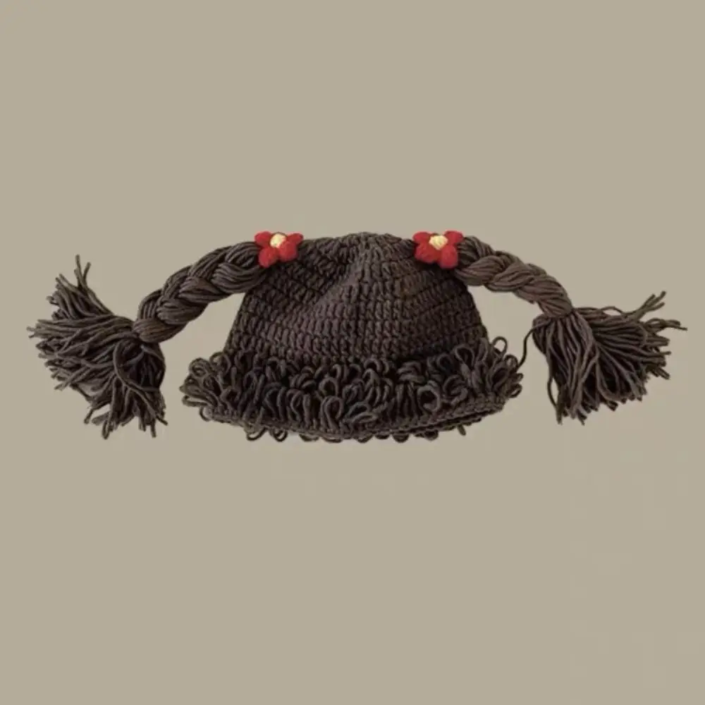 

Fashion Breathable Baby Braid Wig Hat Windproof Elastic Knitted Hat Brimless Flower Baby Woolen Cap Keep Warm