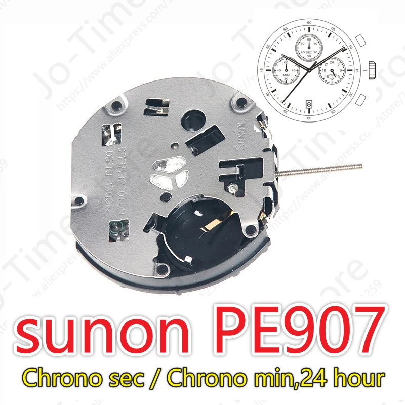 PE907 Movement Sunon PE90 Movement Watch Ligne Quartz Movement Three Hands With 3eyes＆Date Small Chrono Sec＆ Min,24hour