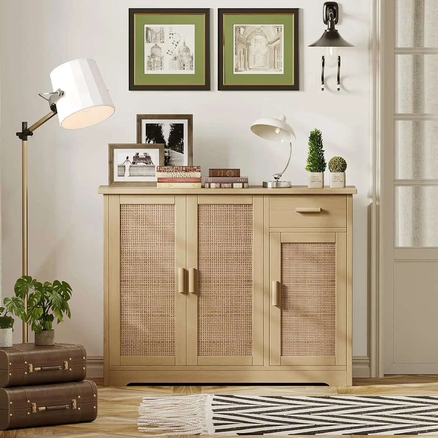 Armoire de rangement de cuisine, armoire de planche de buffet avec portes décorées en rotin, table console de ferme avec MEL