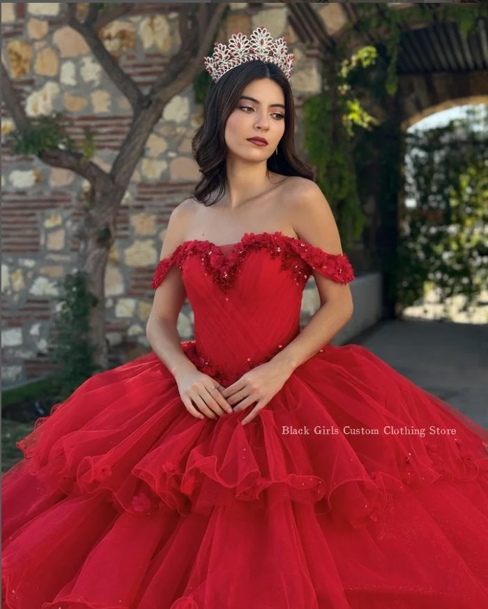 Red Princess Quinceanera Dress Cathedral Train Elegant One Shoulder Tulle Ruffle Decoration Mexico vestido debutante 15 anos