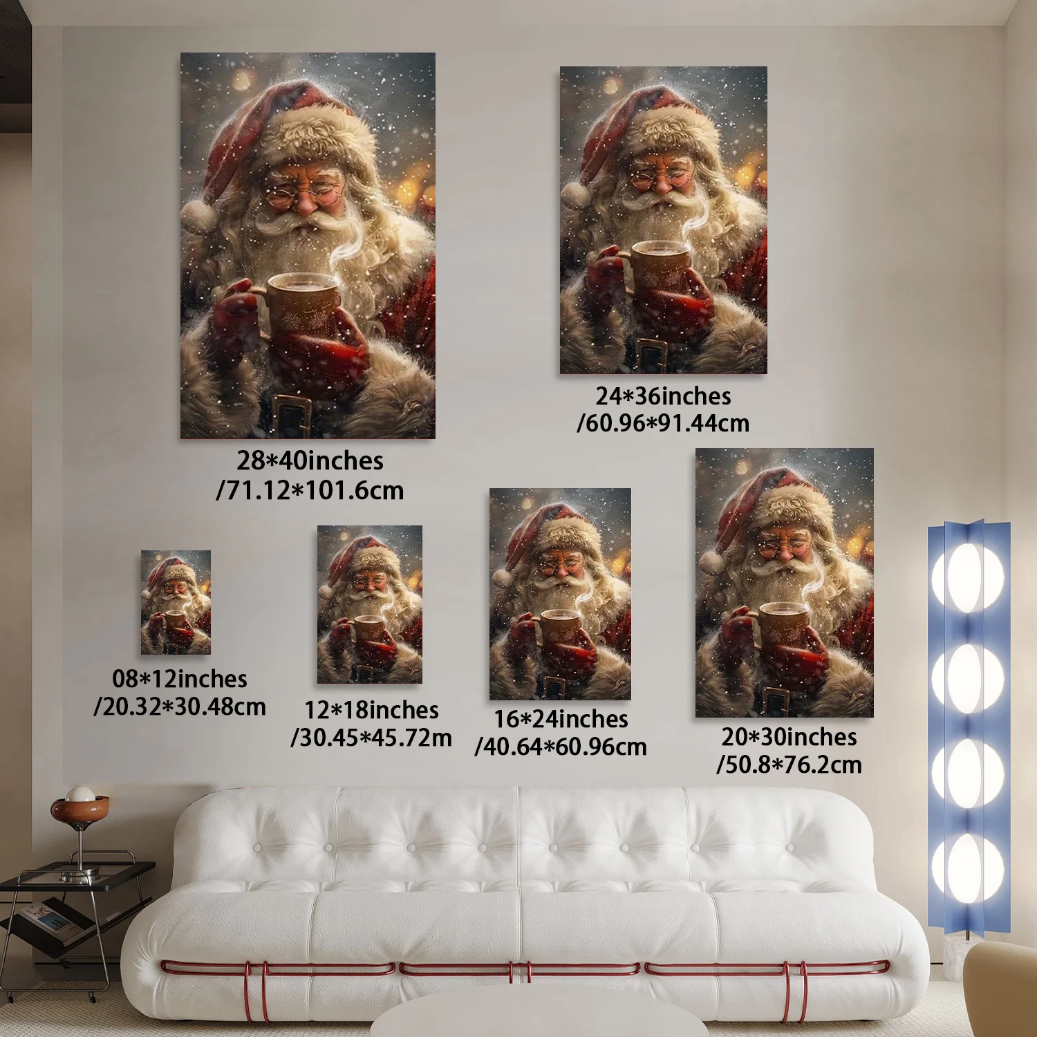 1개 포장된 나무 프레임 포스터(클래식 크리스마스 캔버스 프린트, 눈 속에서 커피를 마시는 산타, 세로 직사각형)
