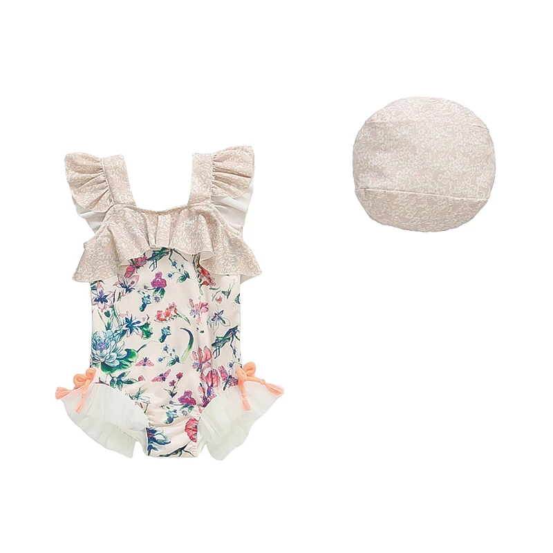 

Baby Girls One-Piece Bodysuit Swimwear With Floral Print Baby Princess Summer Vacation Swimsuit Toddler Bathing Suit Size 2-11Y