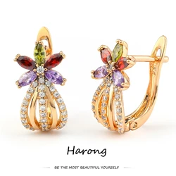 Harong Delicate Natural Cubic Zirconia Stud Earrings Colorful Stone Crystal Female Aesthetic Flower Earring Jewelry for Wedding