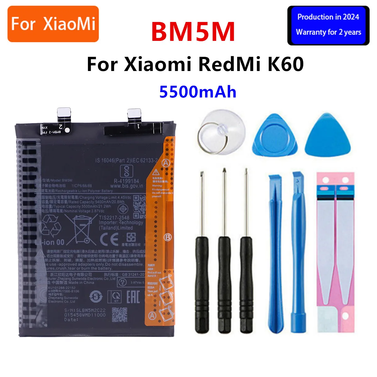 

Brand New Battery BM5M 5500mAh For Xiaomi RedMi K60 Phone Batteries +Tools