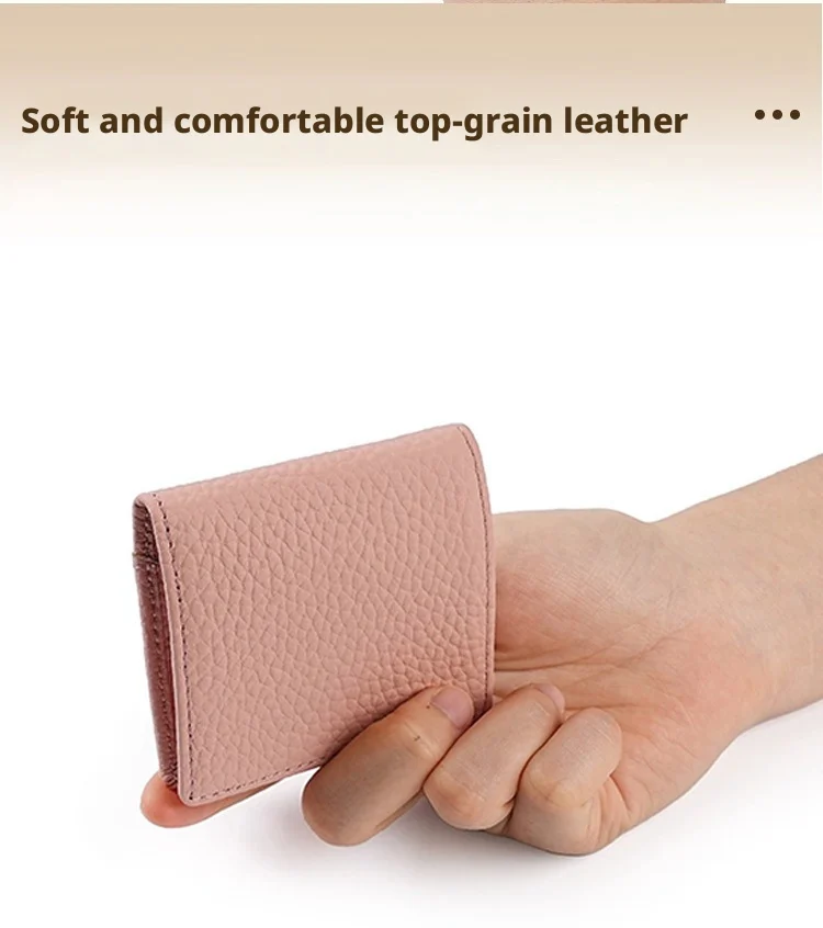 Schlichte Damen-Mini-Geldbörse aus echtem Leder, 80 % Rabatt, ultradünne, weiche Geldbörse aus Rindsleder, zusammenklappbar, tragbare Münztasche mit Druckverschluss, bietet Platz für – Detail 4