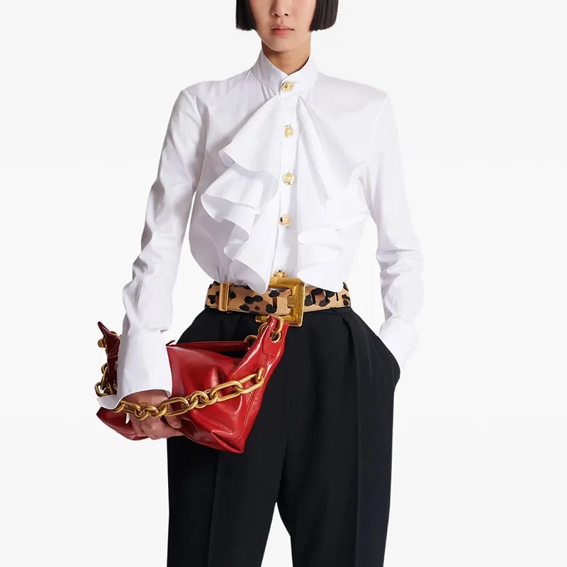 

Женская блузка с золотыми пуговицами и рюшами, осень-весна, корейский стиль, элегантная рубашка с воротником-стойкой и длинными рукавами, винтажные свободные топы Blusas 2026