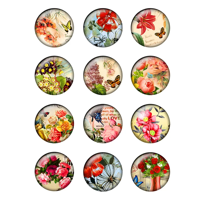 24pcs/lot 10/12/14/16/18/20/25mm Vintage Roses Glass Cabochons Dome Flat Back for Earring Bracelet Ring Base DIY Jewelry H150