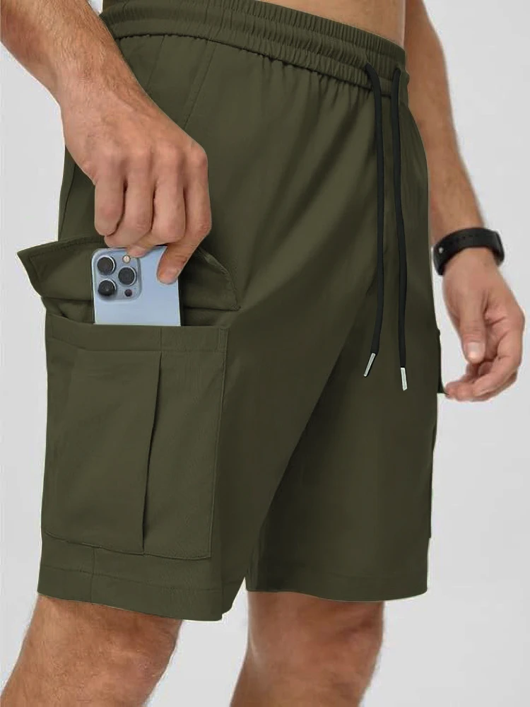 Men's cargo Shorts Solid color Multi-Pocket Overalls Summer Drawstring elastic waistband casual Shorts Outdoor Sports Beach Pant