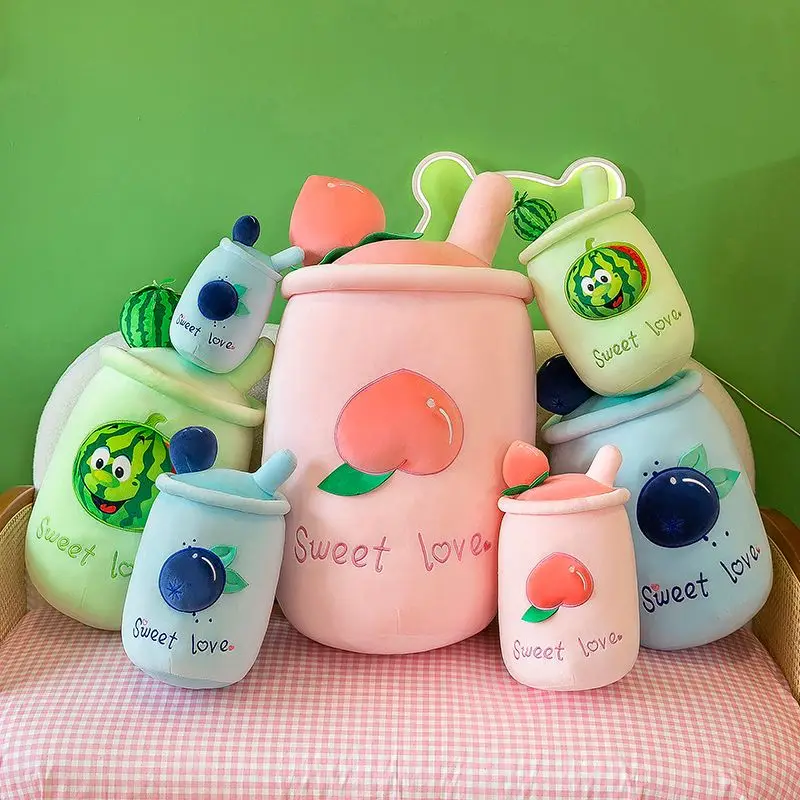 Oreiller de tasse de thé au lait mignon pour enfants, jouet en peluche Kawaii, coussin en peluche, pêche neutre, myrtille, cadeaux pour enfants