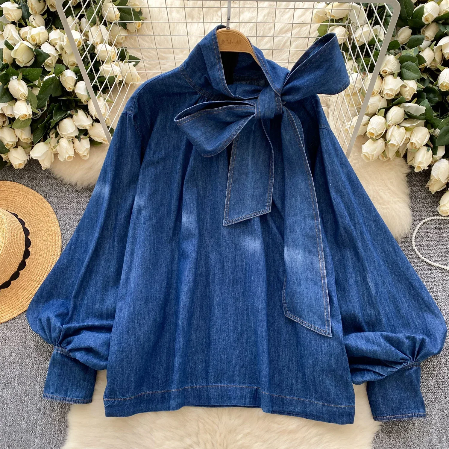 

Vintage Basics Long Lantern Sleeves Casual Turtleneck Denim Bandage Loose Top Streetwear Fashion High Street Autumn Blouse 2025