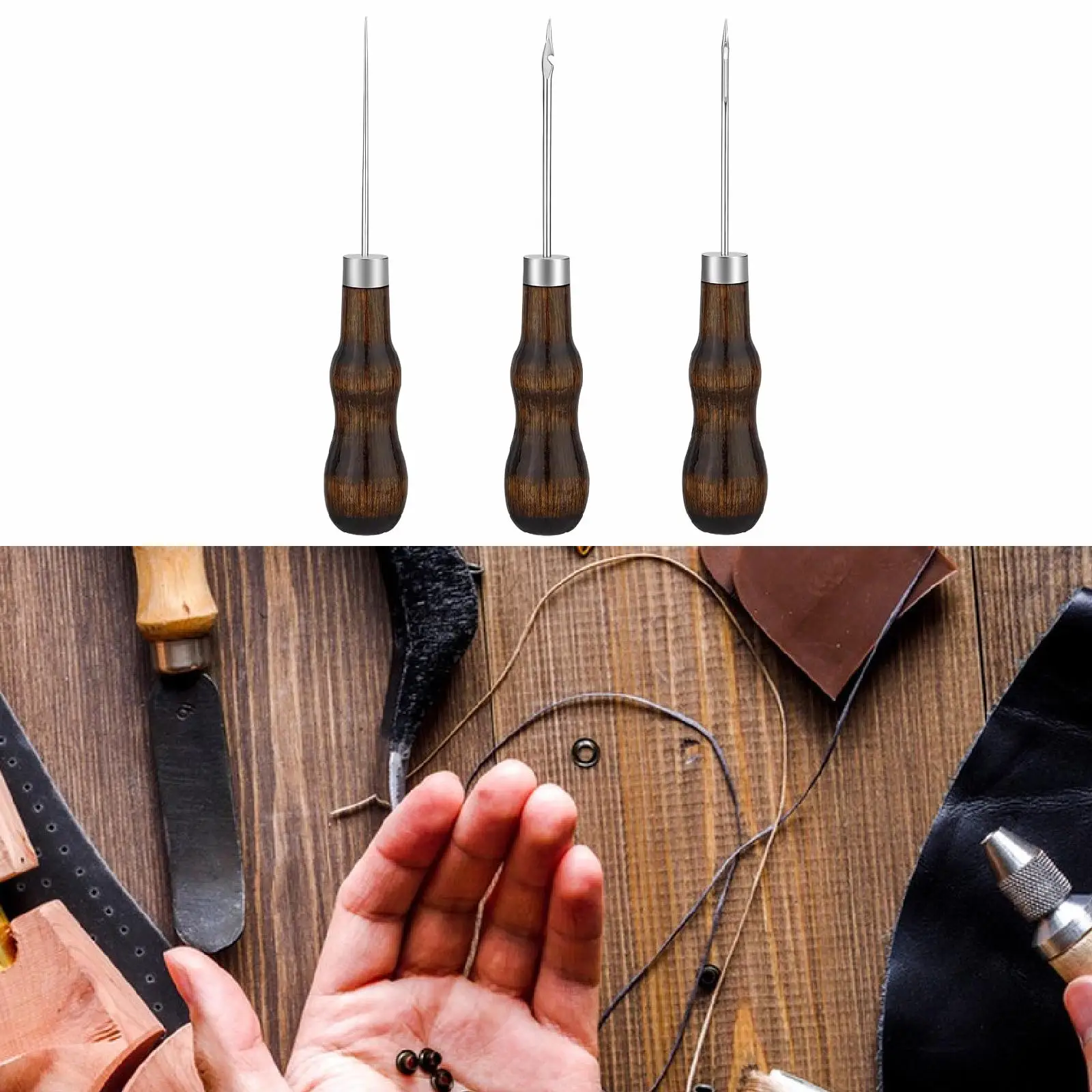 Professional Hand Stitching Awl Kit Leathercraft Punch Tool Set with Wood Handle for Leather Sewing