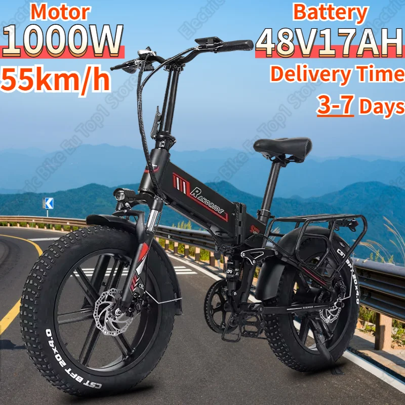 Folding E Bike 1000W Motor 48V17AH Waterproof Lithium Battery 20*4.0 Inch Fat Tire Electric Bicycle Adult Mountain Electric Bike