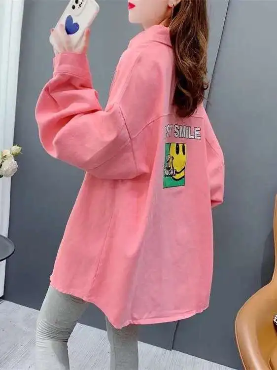 

Candy Color Retro Denim Shirt Women Loose Lazy Wind Bott Cleanfit Style Long Sleeve Collar Cotton Thin Winter Fashion