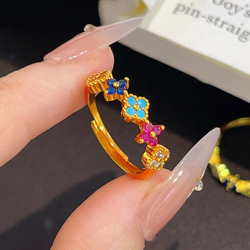 Hot new product fashionable simple flowers colorful zircon plated 18 gold cute Clover stacked adjustable ring for women gift