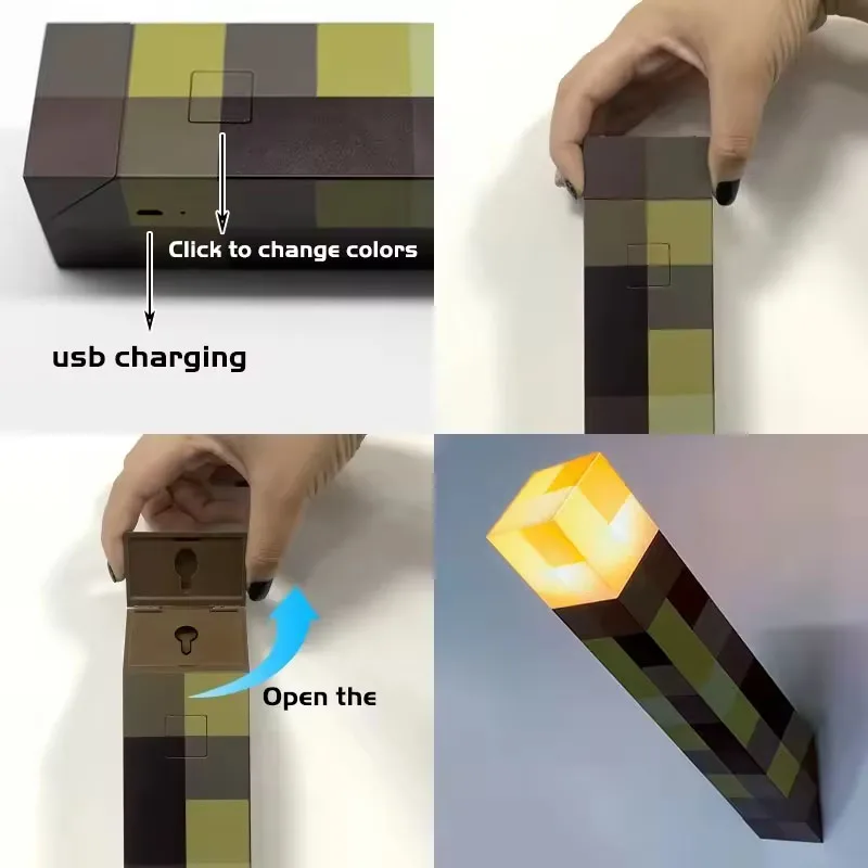 MC Torch 4 Color Flashlight Adjustable Lamp USB Rechargeable Night Light with Buckle 11inch Children Gift Bedroom Decor Light