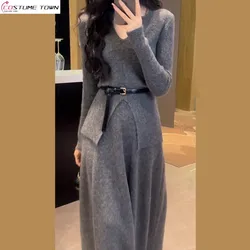 Knitted sweater dress 2024 autumn and winter new fashionable knitted V-neck sweater+half skirt two-piece set