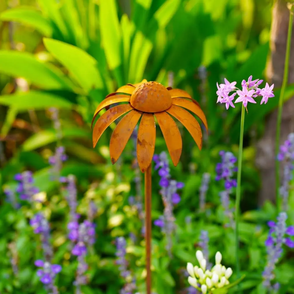 Rustic Iron Echinacea Stake Garden Art Decoration Outdoor Metal Ornament Backyard Lawn Plant Sculpture Insert
