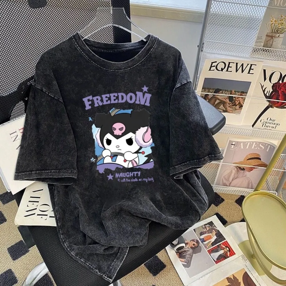 Été Sanrio Kuromi dessin animé imprimé T-shirt hommes femmes américain Vintage lavé coton ample en détresse à manches courtes t-shirts haut