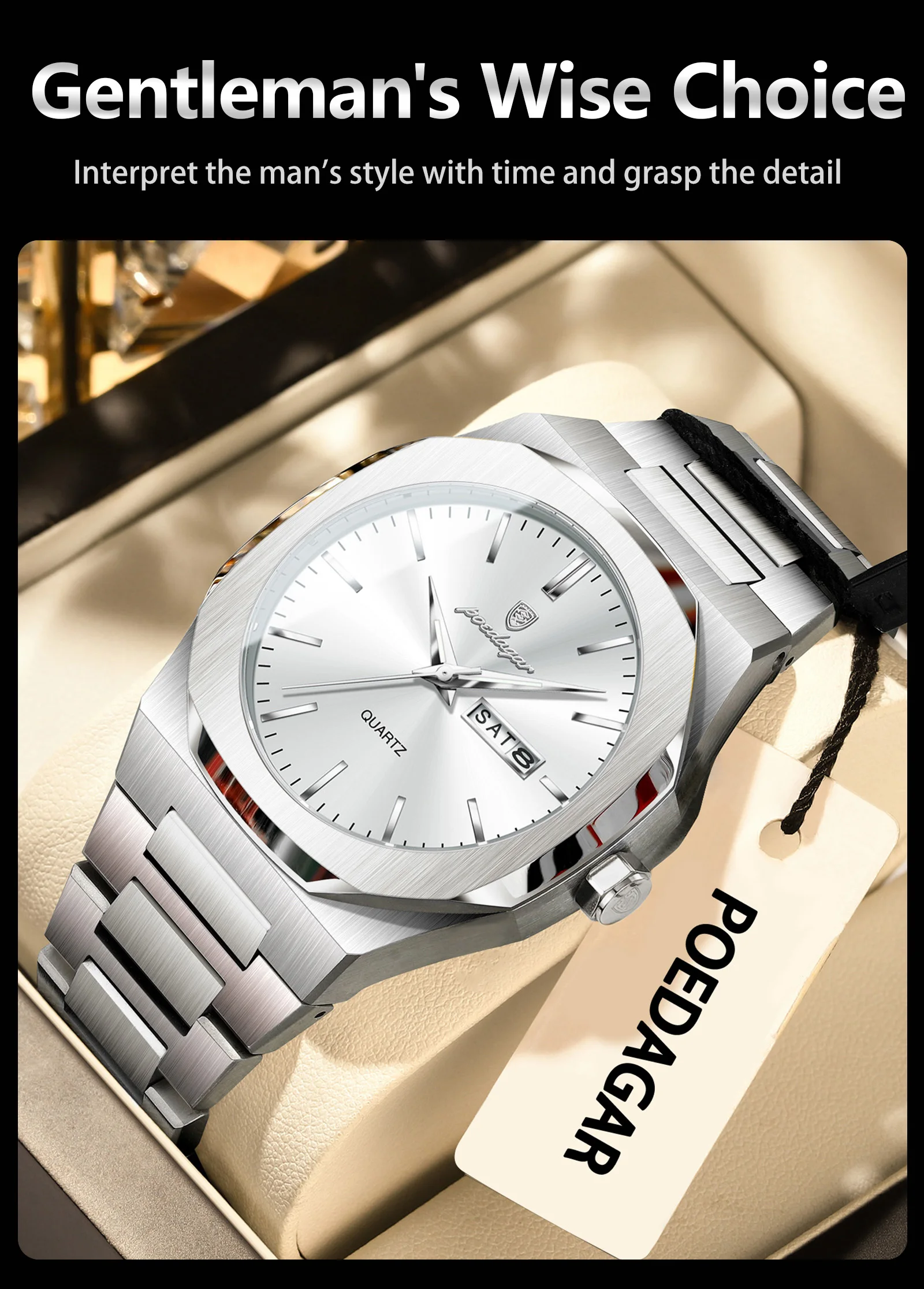 POEDAGAR Mode Marke Männliche Armbanduhr Wasserdicht Leucht Edelstahl Männer Uhr Datum Woche Casual Quarz herren Uhren Reloj – Detail 14