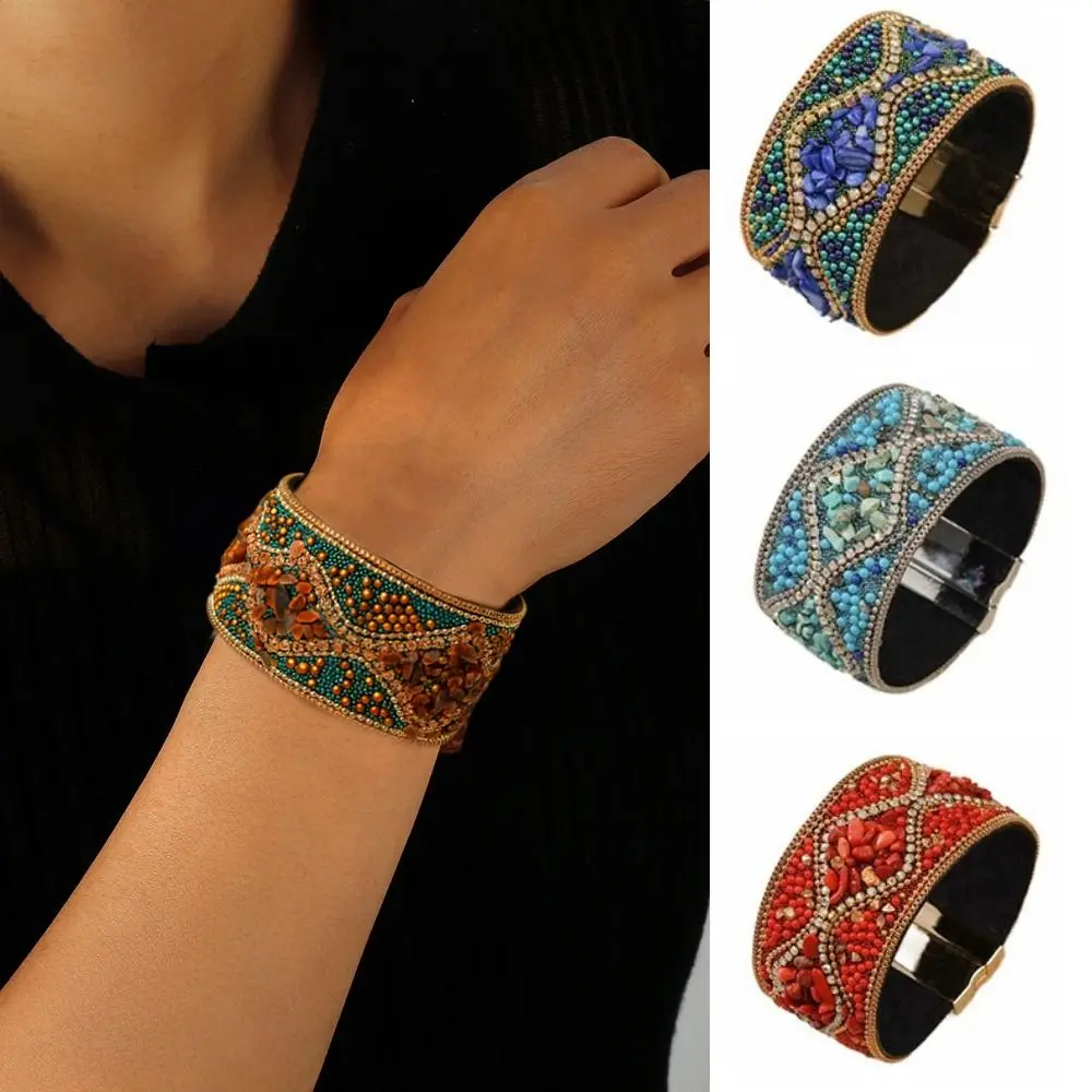 Ethnic Style Magnetic Clasp Bracelet Retro Bohemian Rhinestone Women's Bracelet Acrylic Beads Magnetic Closure