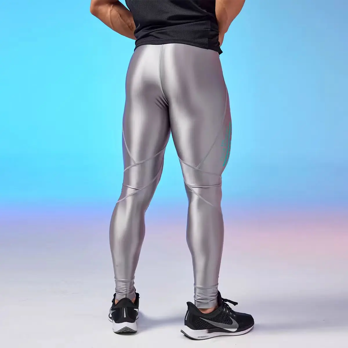 DROZENO Silver shiny silky high elasticity sports fitness leggings for men's gym training silver