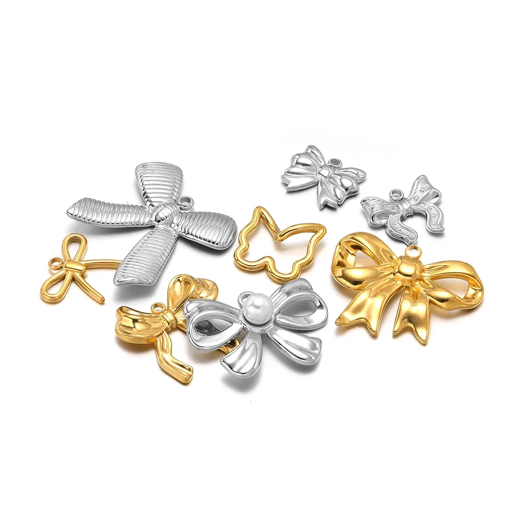 5pcs Stainless Steel 18K Gold Plated Bow Knot Charms Necklace Pendants for DIY Women Earrings Findings Bracelets Jewelry Making