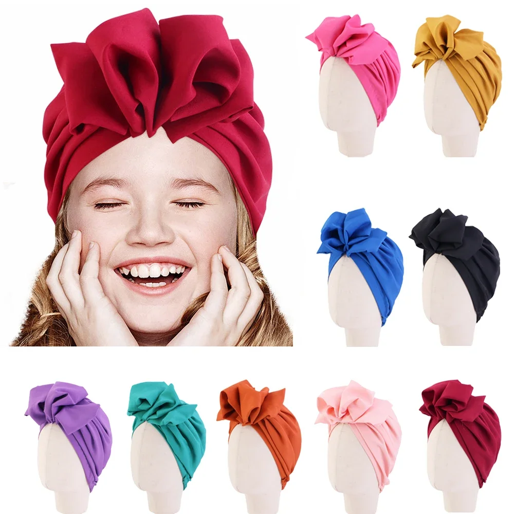 Cute Big Flower Muslim Kids Girls Hijab Turban Bonnet Chemo Cap Arab Islamic Underscarf Child Headwear Headscarf Cover 5-12Years