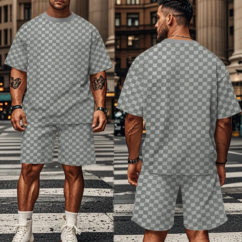 Streetwear Mens Sets Fashion Outfits Short Sleeve O Neck T Shirt And Shorts Two Piece Suits Men Vintage Plaid Jacquard Tracksuit