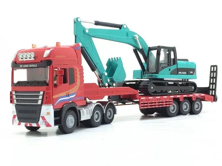 [Funny] 1:50 Flatbed Trailer Trucks Toy Alloy Trailer Roller Excavator Loader Truck Model Car Toys For Boys Digger Forklift gift