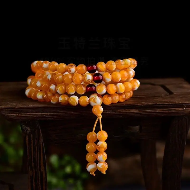 Optimized Old with 108 Chicken Oil Yellow Beads, Amber Gemstone Multi-loop Bracelet for Men and Women, Authentic