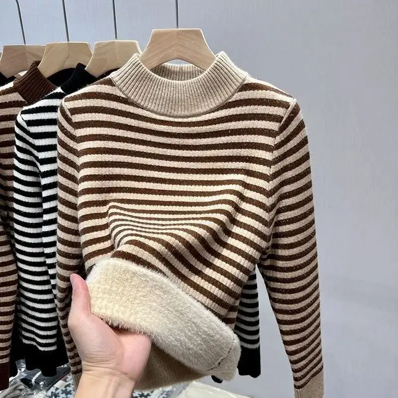 

2024 Autumn Winter Women New Fleece Striped Jumpers Female Half Turtleneck Sweater Tops Ladies Thickened Knitwear Tops B647