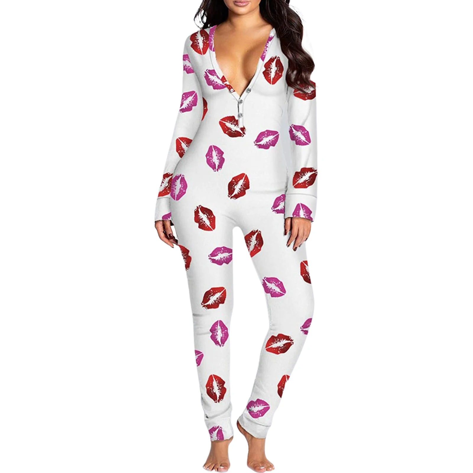 Women\'s Long Sleeve V Neck Bodycon Oneseies Stretchy Functional Buttoned Flap Pjs Sleepwear Romper Jumpsuit