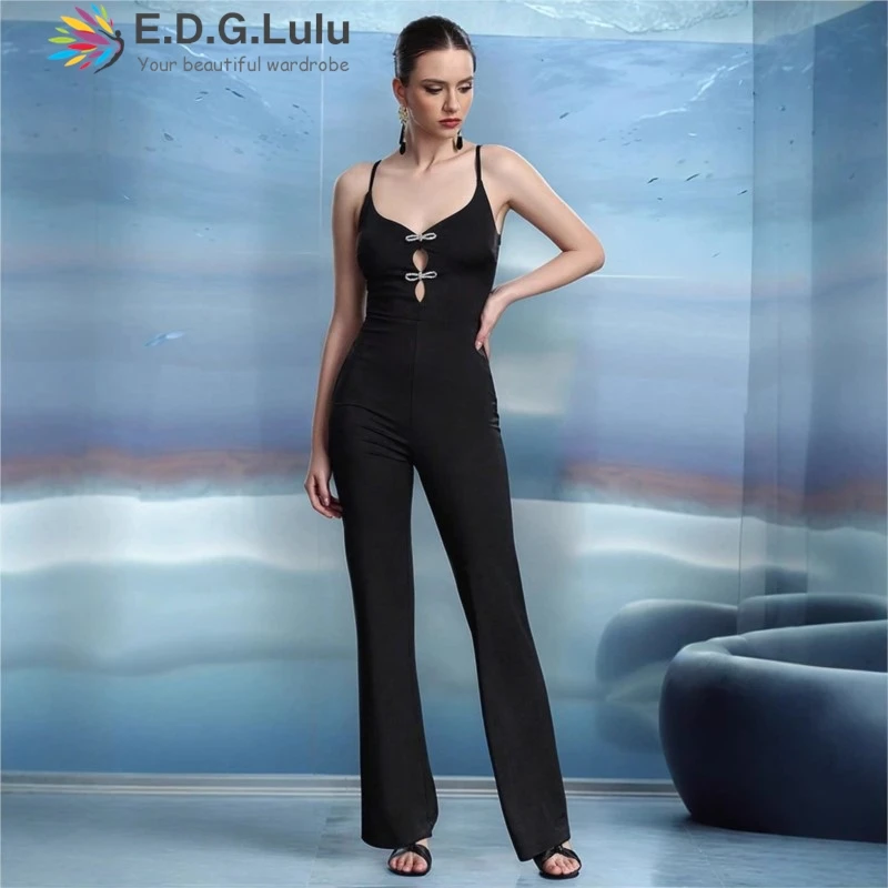 

EDGLuLu Woman V-Neck Diamond Inlay Bow Splicing Strap One-Piece Pants Ladies Sleeveless Backless Black Jumpsuit Pants 0619
