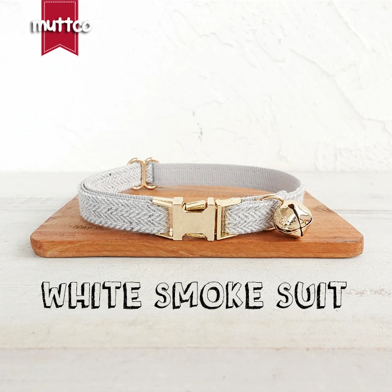 MUTTCO retail with platinum high quality metal buckle collar for cat WHITE SMOKE SUIT design cat collar 2 sizes UCC139J