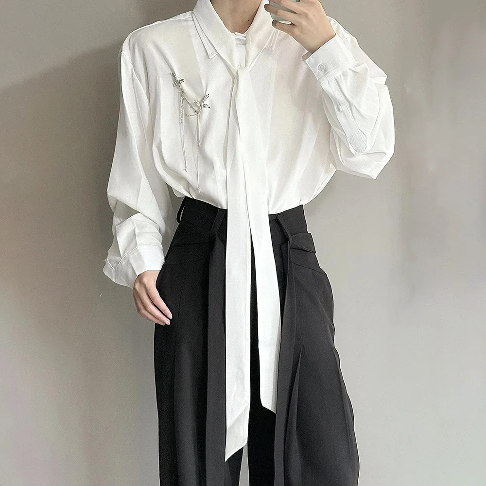 

2026 Summer New Men's Solid Color Ribbon Long-Sleeved Shirt French Retro Fashion Trendy High Street Loose Breathable Men's Top